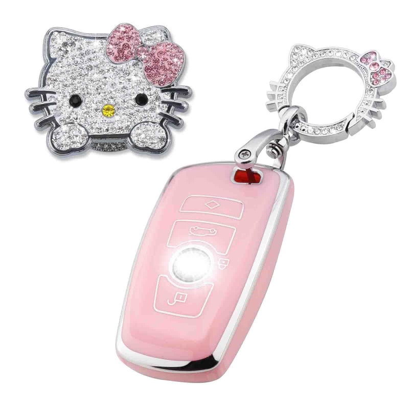 Pangpai Pink Cute Car Accessories 3 Pcs for BMW 2 5 6 7 X1 X2 X3 X5 X6 Series Key Fob Cover with Bling Keychain Push to Start Button Cover - Image 1